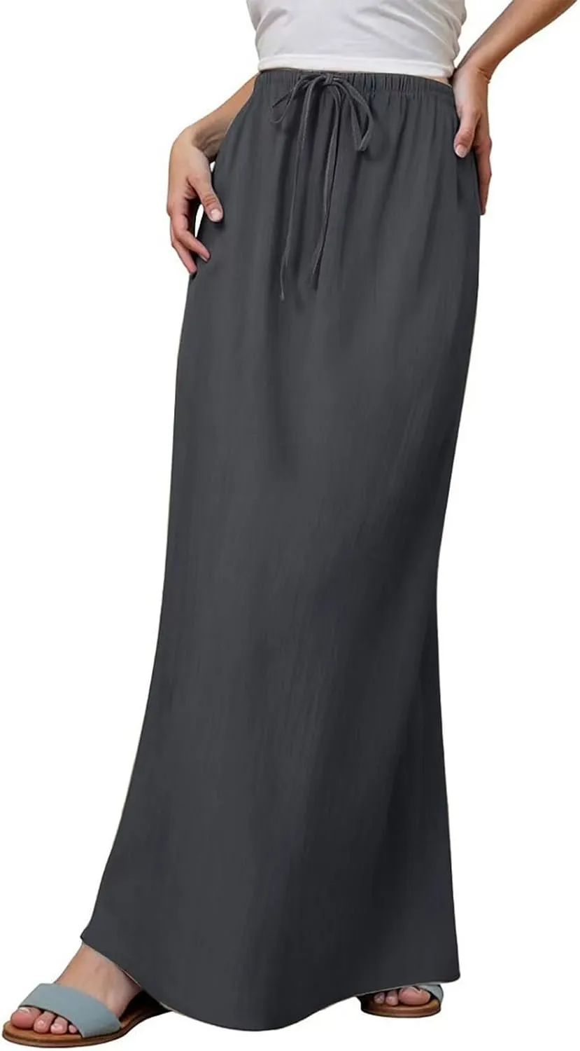 Womens Flared Maxi Skirt Summer Lightweight Drawstring High Waisted Skort Casual Breathable Solid Color A Line Skirt