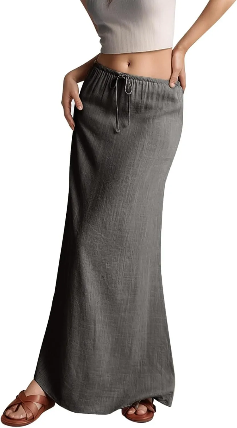 Womens Flared Maxi Skirt Summer Lightweight Drawstring High Waisted Skort Casual Breathable Solid Color A Line Skirt
