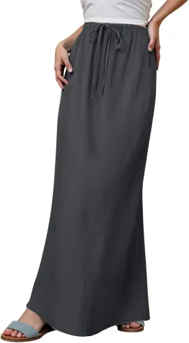 Womens Flared Maxi Skirt Summer Lightweight Drawstring High Waisted Skort Casual Breathable Solid Color A Line Skirt