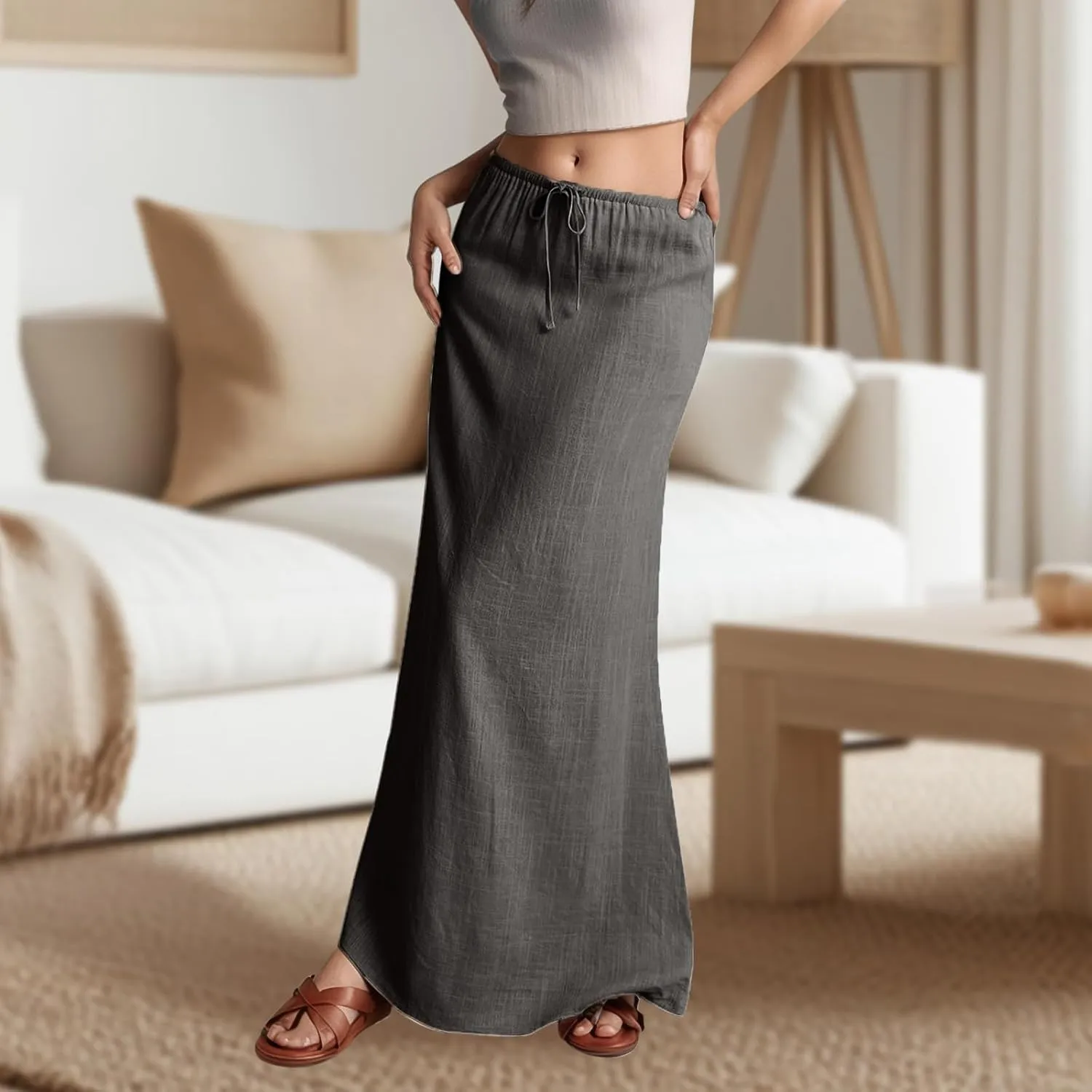 Womens Flared Maxi Skirt Summer Lightweight Drawstring High Waisted Skort Casual Breathable Solid Color A Line Skirt