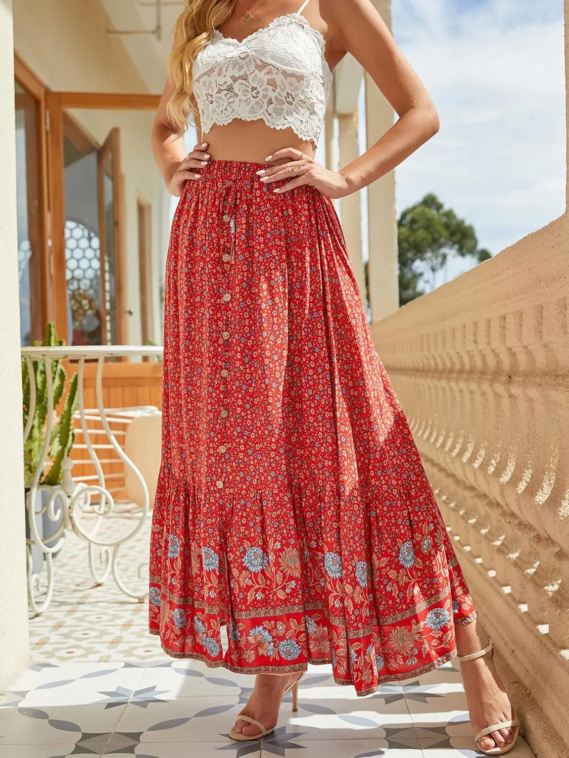Women's Floral Boho Maxi Skirt Elastic High Waist Flowy A Line Bohemian Long Skirt
