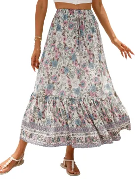Women's Floral Boho Maxi Skirt Elastic High Waist Flowy A Line Bohemian Long Skirt