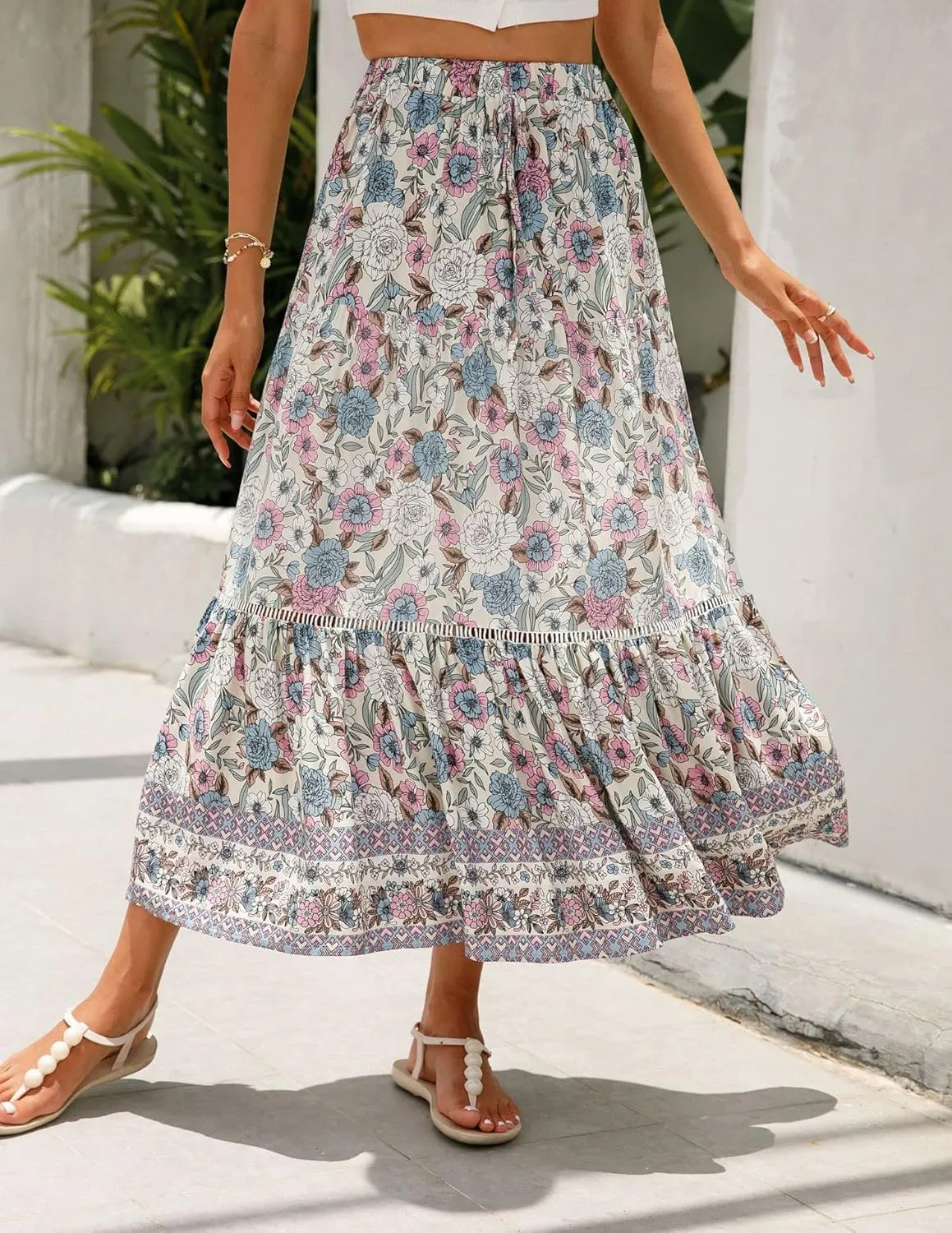 Women's Floral Boho Maxi Skirt Elastic High Waist Flowy A Line Bohemian Long Skirt