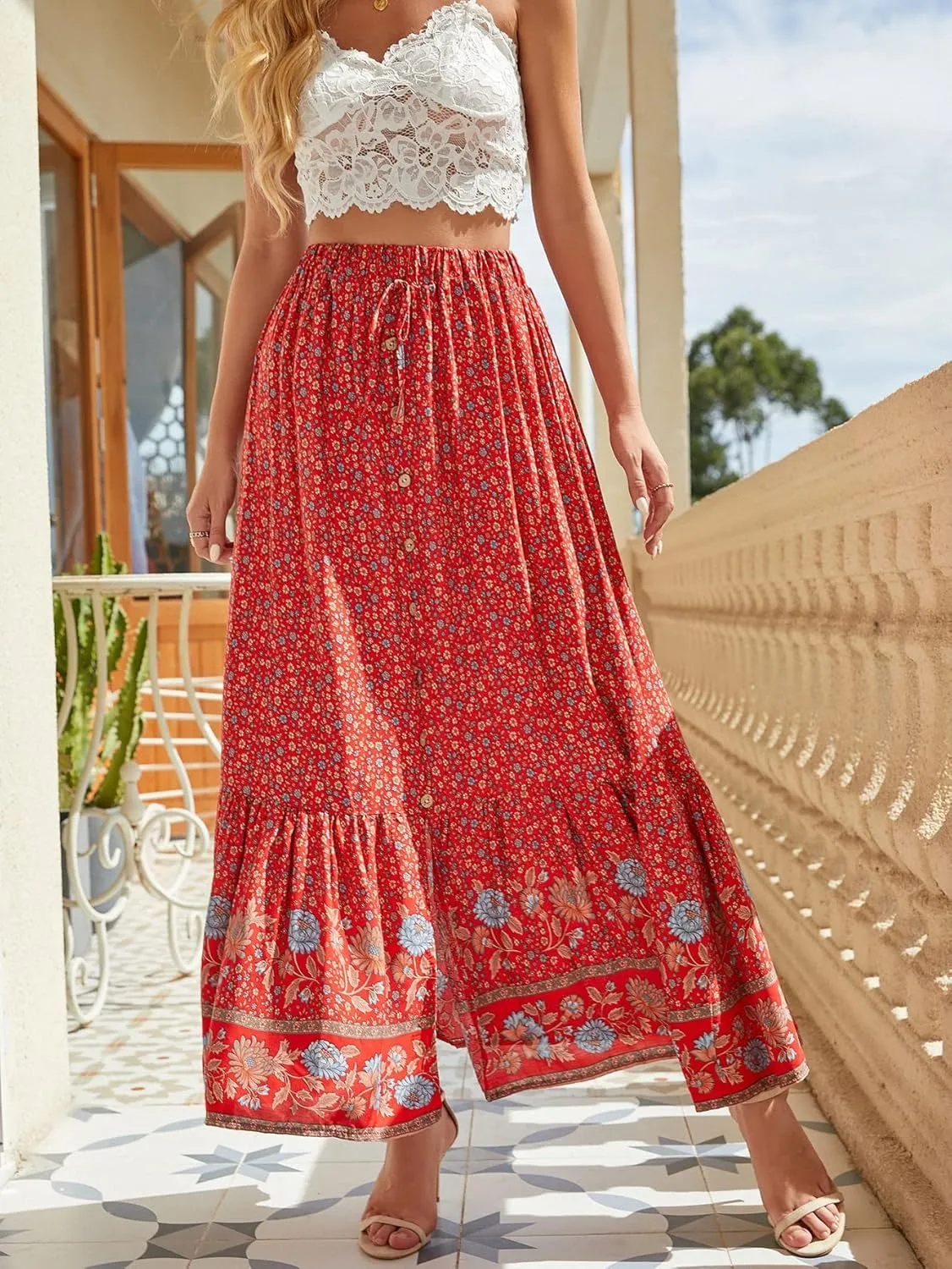 Women's Floral Boho Maxi Skirt Elastic High Waist Flowy A Line Bohemian Long Skirt