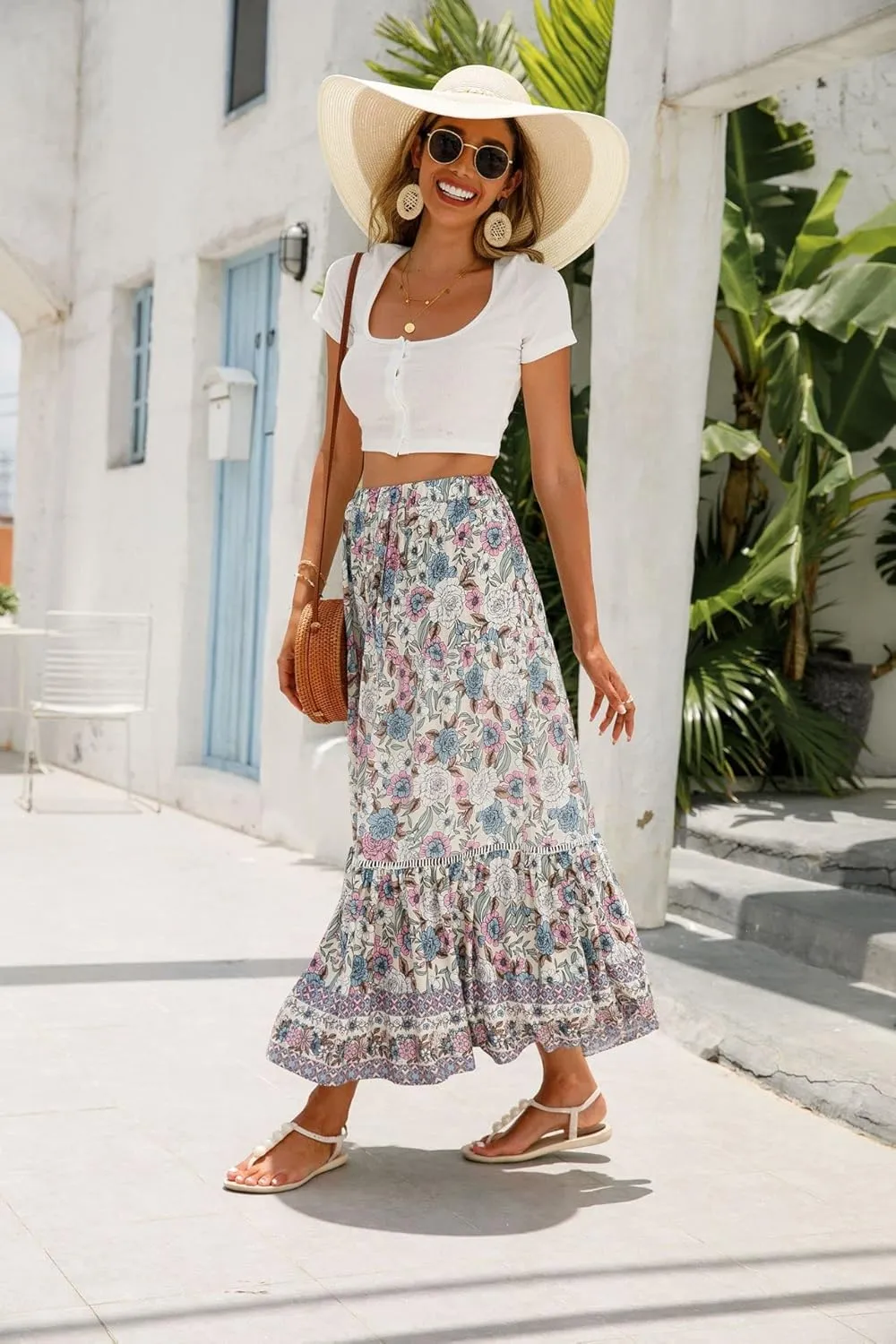 Women's Floral Boho Maxi Skirt Elastic High Waist Flowy A Line Bohemian Long Skirt