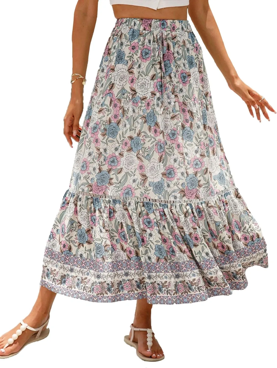 Women's Floral Boho Maxi Skirt Elastic High Waist Flowy A Line Bohemian Long Skirt