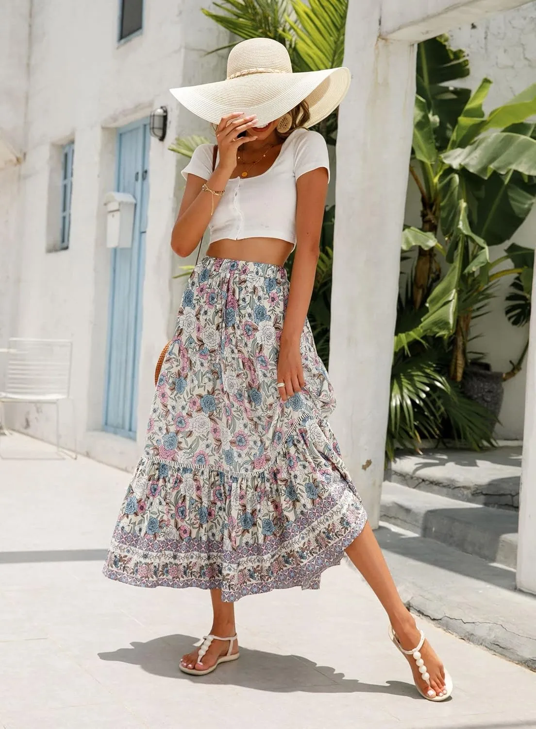 Women's Floral Boho Maxi Skirt Elastic High Waist Flowy A Line Bohemian Long Skirt