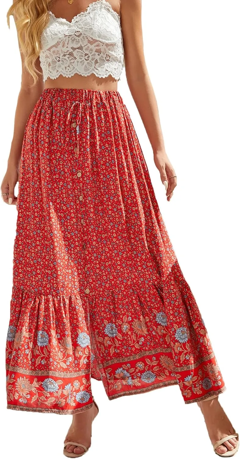 Women's Floral Boho Maxi Skirt Elastic High Waist Flowy A Line Bohemian Long Skirt