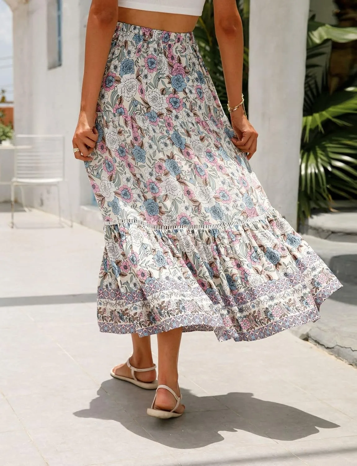 Women's Floral Boho Maxi Skirt Elastic High Waist Flowy A Line Bohemian Long Skirt