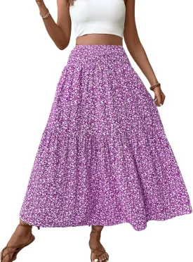 Women's Floral Maxi Skirts Summer Print Elastic High Waisted Ruffle Hem Skorts Casual Flowy Boho Long Beach Skirts