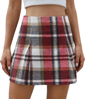 Women's Plaid Mini Skirt Zipper Side High Waisted Pleated A Line Short Skirt