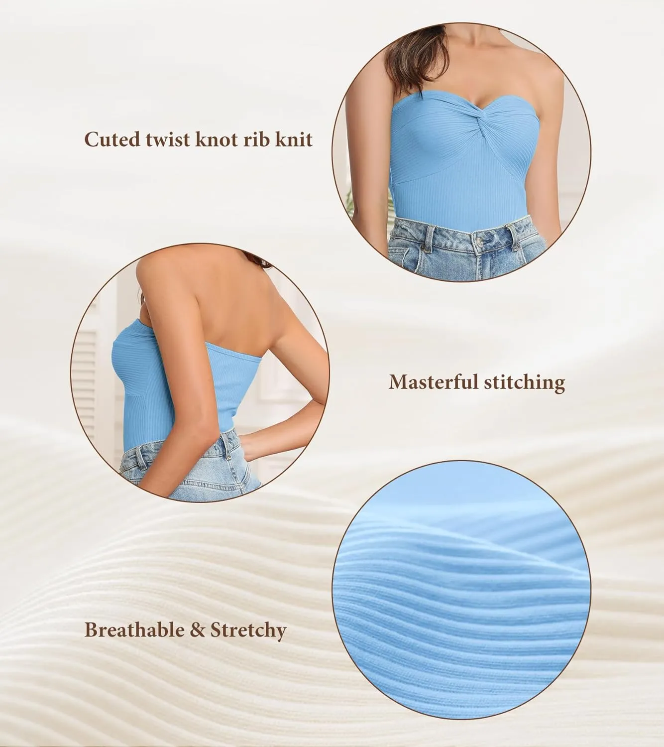Womens Strapless Crop Top Twist Knot Front Bandeau Ribbed cuted Y2K Strapless Tank Summer Vacation Tops Corset