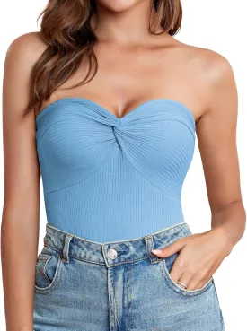 Womens Strapless Crop Top Twist Knot Front Bandeau Ribbed cuted Y2K Strapless Tank Summer Vacation Tops Corset