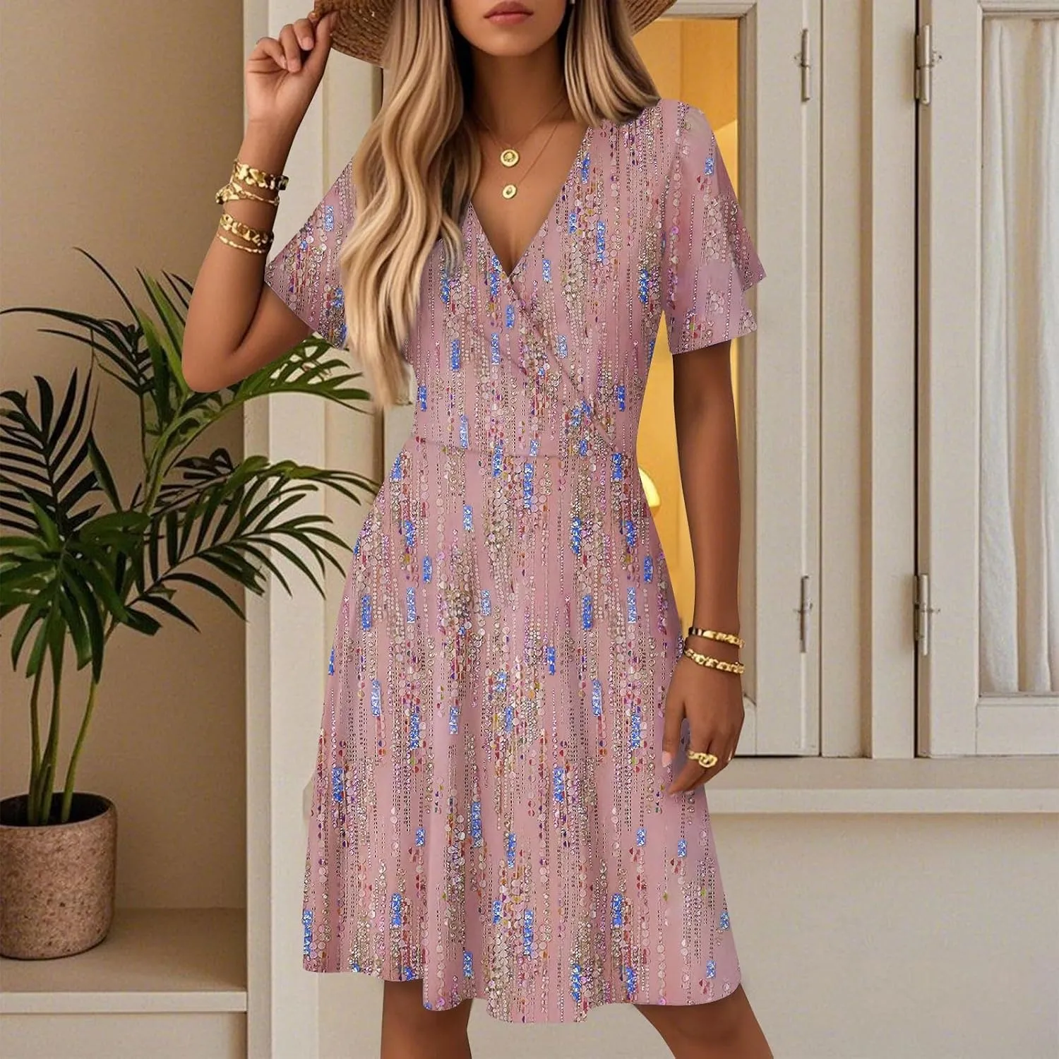 Women's Summer Dresses 2025 Boho Floral Beach Casual Deep V Neck Sundress Fashion Flowy Midi A-line Dress