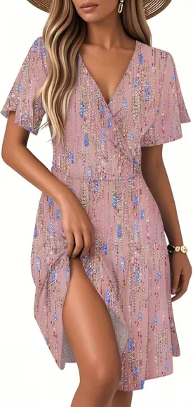 Women's Summer Dresses 2025 Boho Floral Beach Casual Deep V Neck Sundress Fashion Flowy Midi A-line Dress