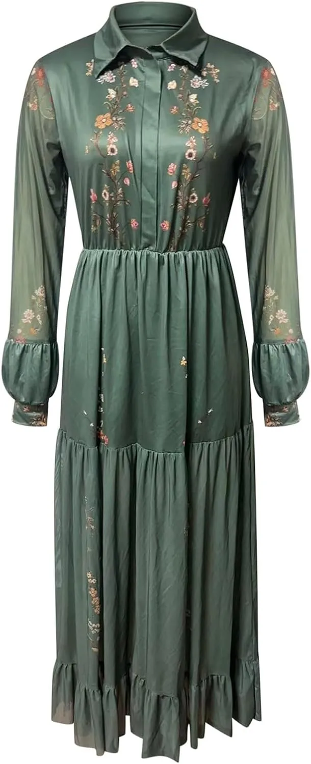 Women's Vintage Pastoral Flower Long Dress Sexy V-Neck Long Sleeve Western Dress 2025 Summer Casual Maxi Dress