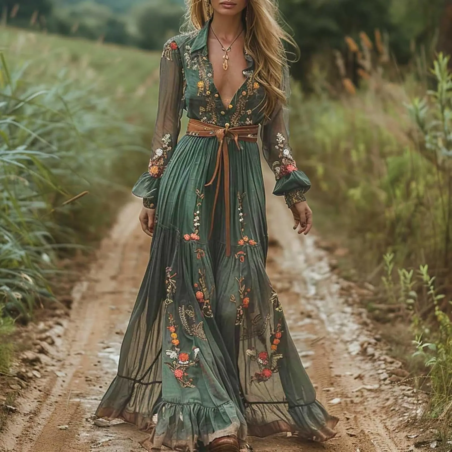 Women's Vintage Pastoral Flower Long Dress Sexy V-Neck Long Sleeve Western Dress 2025 Summer Casual Maxi Dress