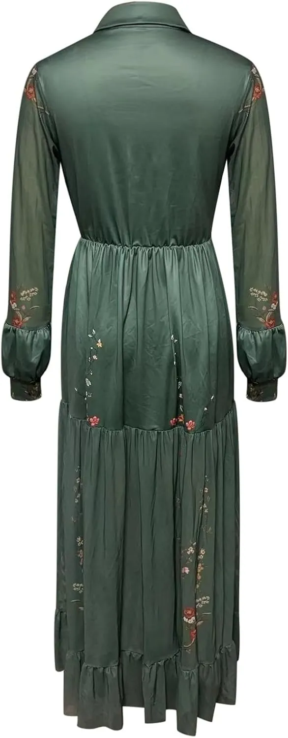 Women's Vintage Pastoral Flower Long Dress Sexy V-Neck Long Sleeve Western Dress 2025 Summer Casual Maxi Dress