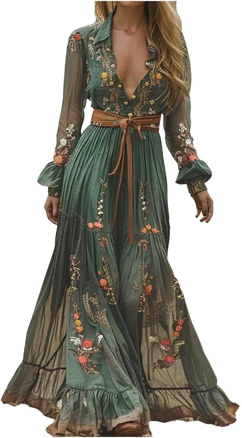 Women's Vintage Pastoral Flower Long Dress Sexy V-Neck Long Sleeve Western Dress 2025 Summer Casual Maxi Dress