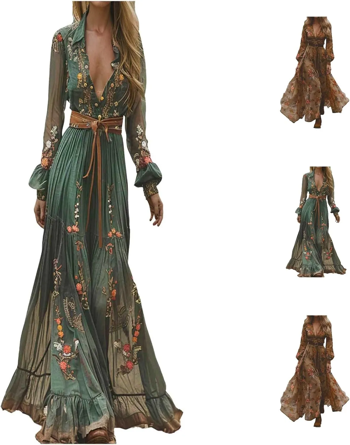 Women's Vintage Pastoral Flower Long Dress Sexy V-Neck Long Sleeve Western Dress 2025 Summer Casual Maxi Dress