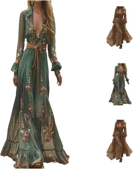 Women's Vintage Pastoral Flower Long Dress Sexy V-Neck Long Sleeve Western Dress 2025 Summer Casual Maxi Dress