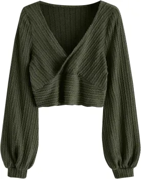 ZAFUL Women's Pullover Ribbed Cropped Knitwear Drawstring Ruched Knitted Crop Top Solid V-Neck Long Sleeve T-Shirt
